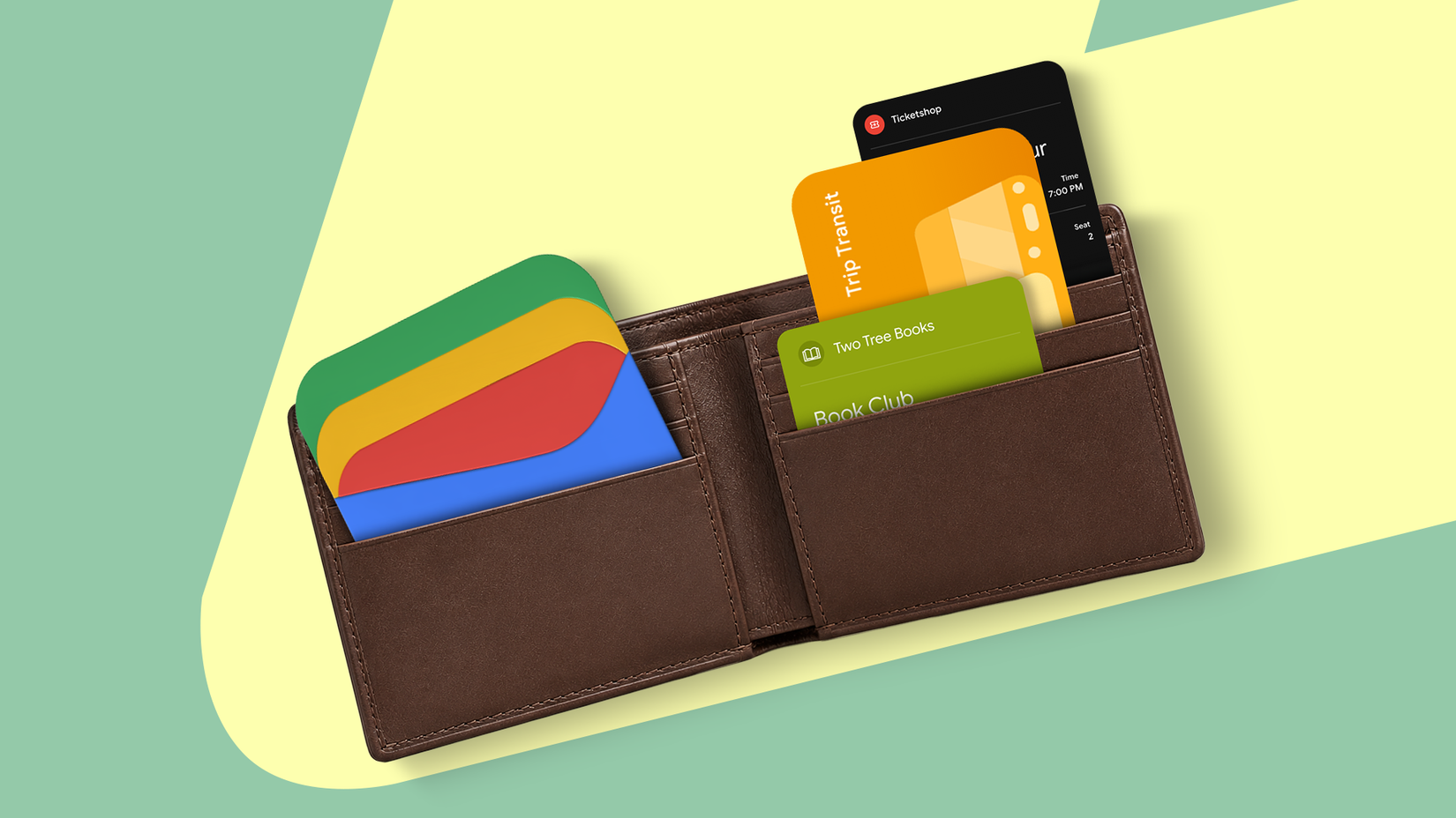Carteira aberta com o logotipo da Google Wallet, cartões de fidelidade e ingressos.