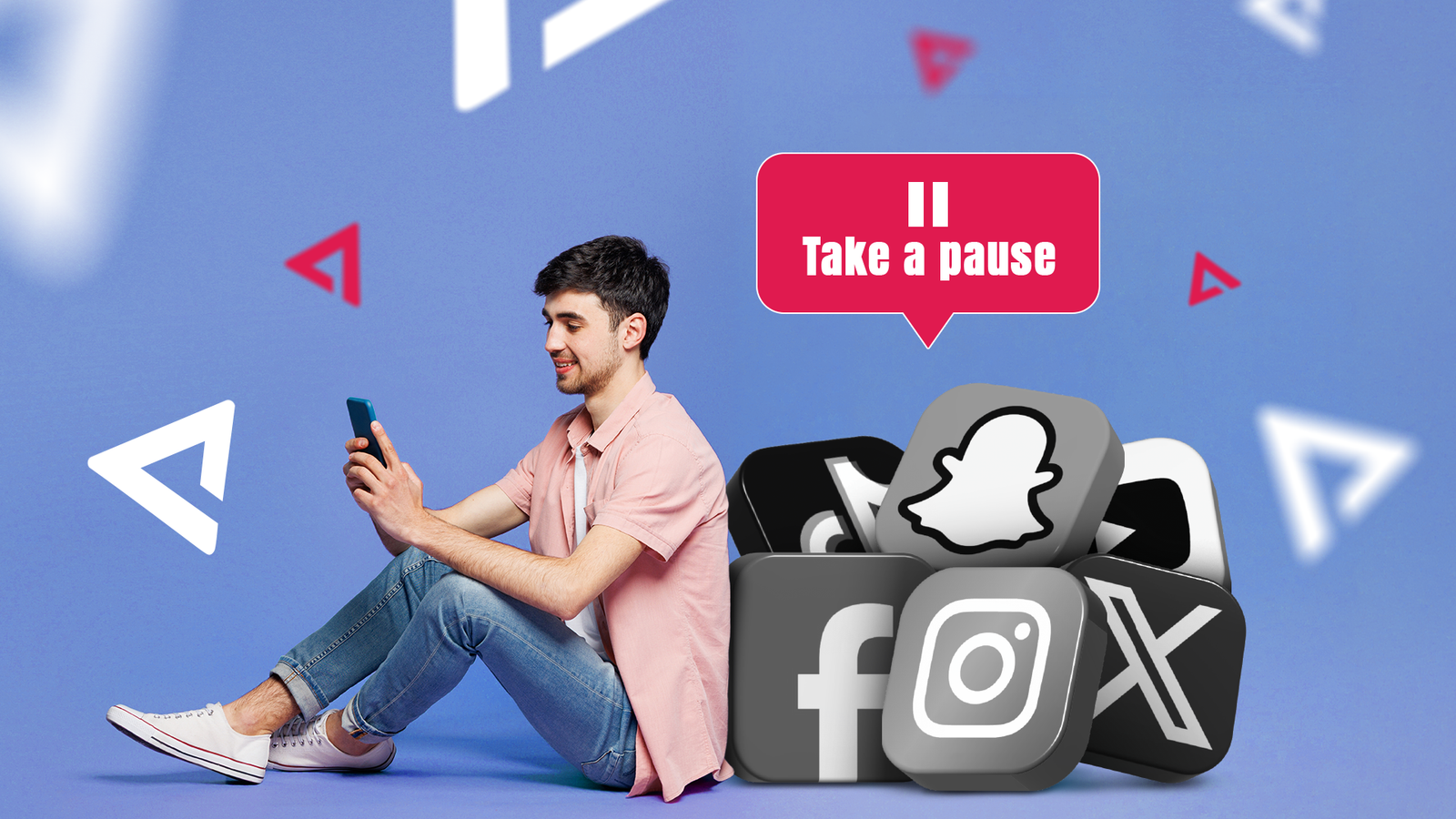 Person sitting with a smartphone next to social media app icons, while a 'Take a pause' message encourages more mindful social media use.