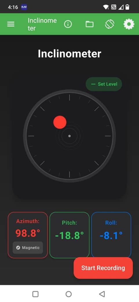 Screenshot showing the inclinometer in the Physics Toolbox app