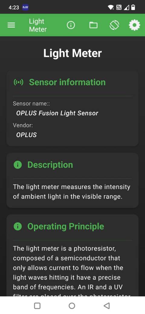 Screenshot showing the light meter in the Physics Toolbox app