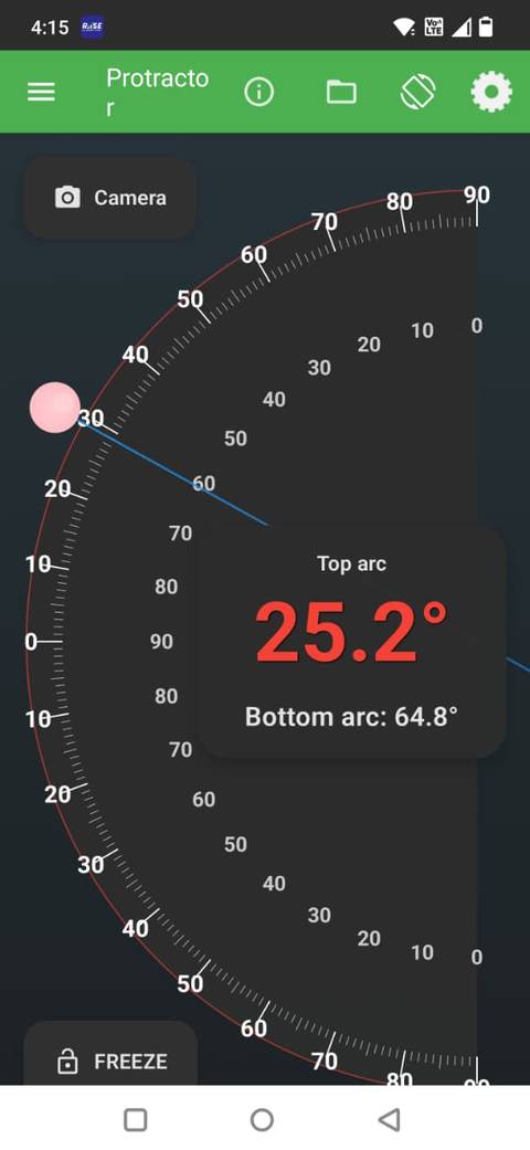 Screenshot showing the protractor in the Physics Toolbox app