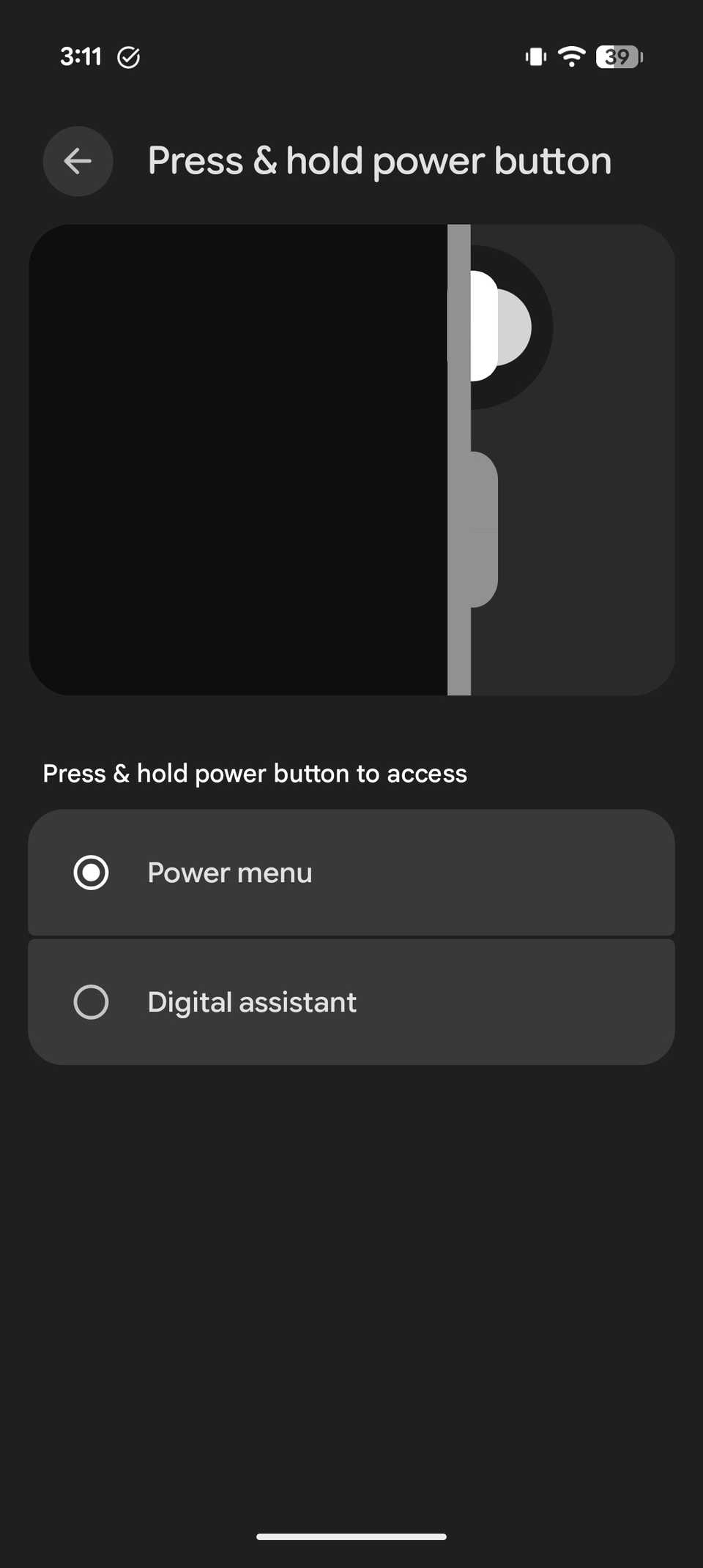 Google Pixel 10 Pro setting screen to change press and hold power button to digital assistant or power menu
