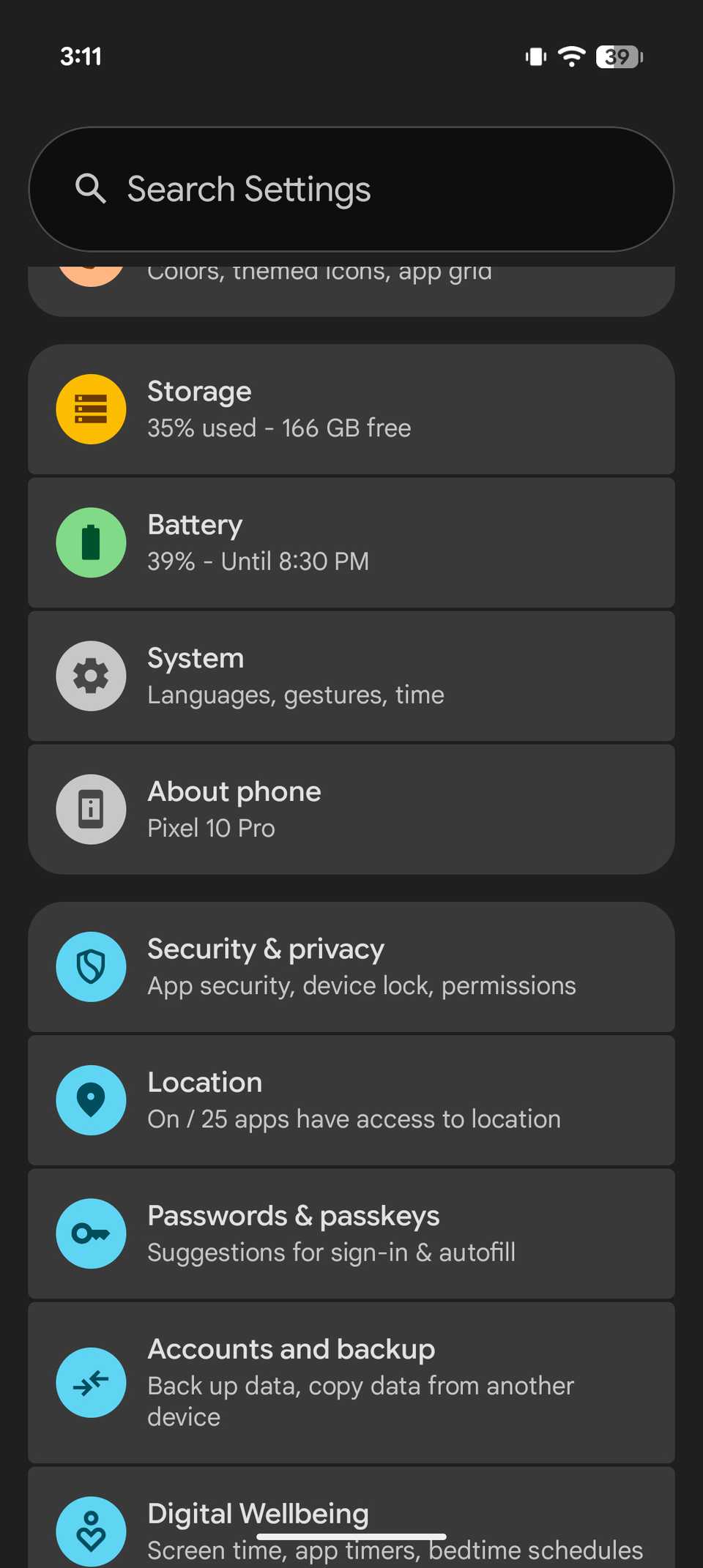 Google Pixel 10 Pro main settings menu screen showing About Phone section