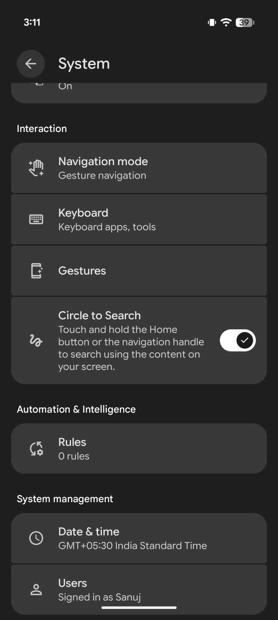 Google Pixel 10 Pro system settings page featuring gesture navigation and Circle to Search toggle