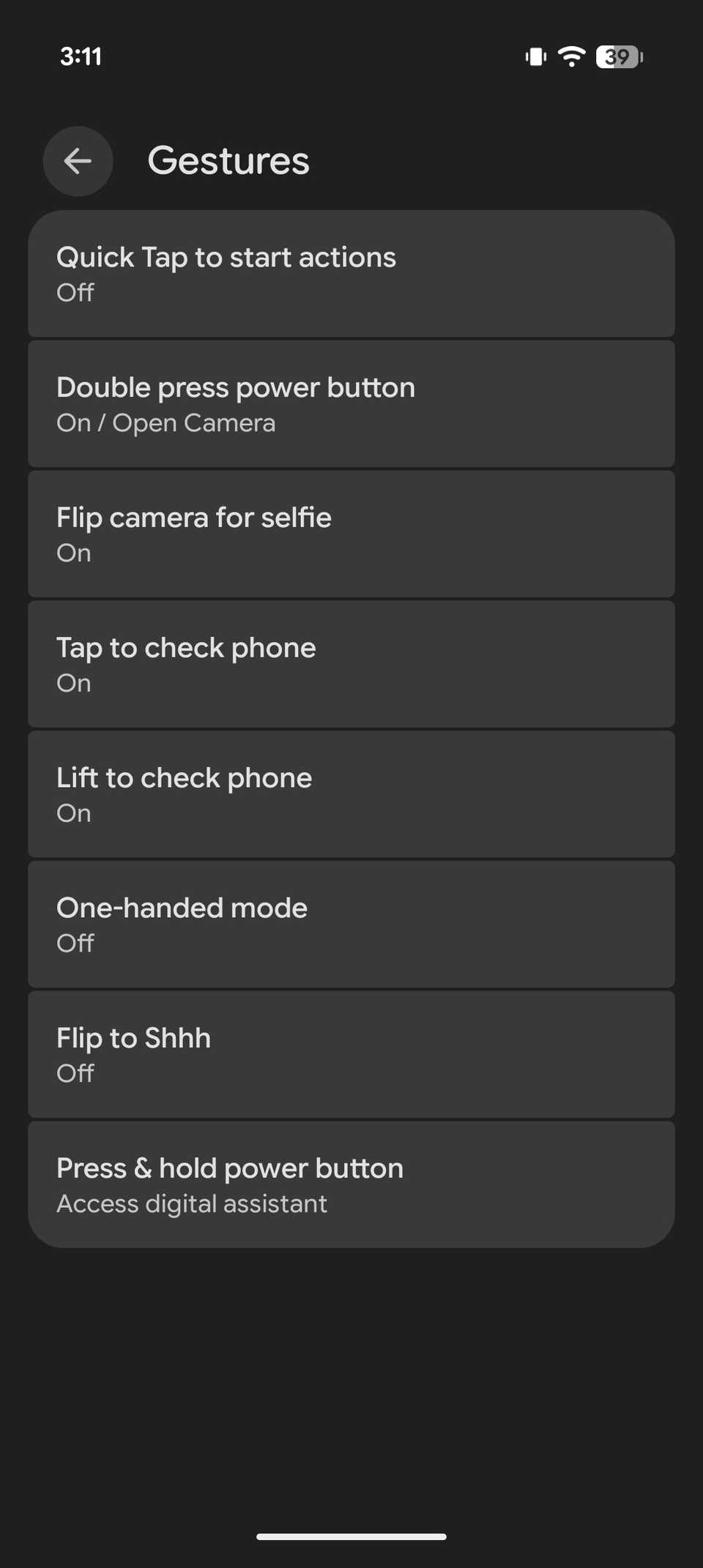 Pixel 10 Pro gestures settings menu displaying options for press and hold power button action
