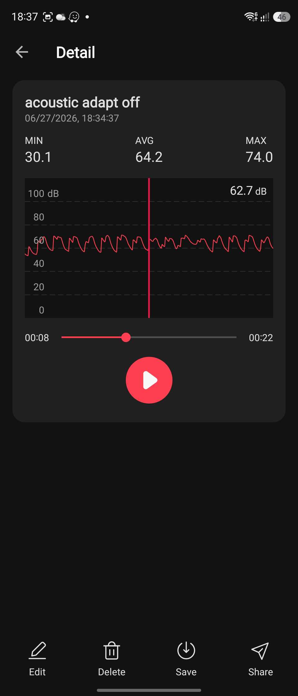Screenshot of a sound meter app with Adaptive Sound turned off