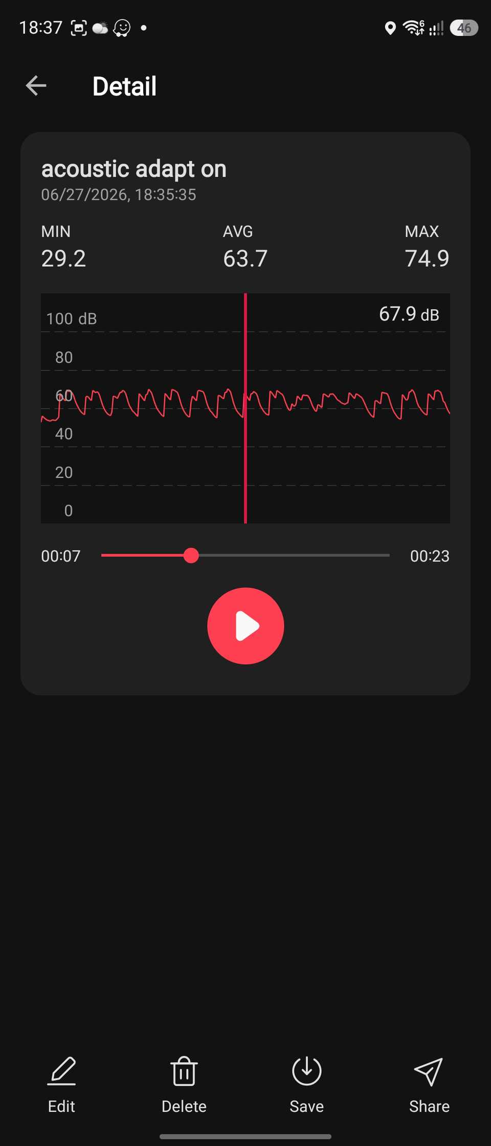 Screenshot of a sound meter showing the track's wave with Adaptive Sound enabled on a Pixel smartphone