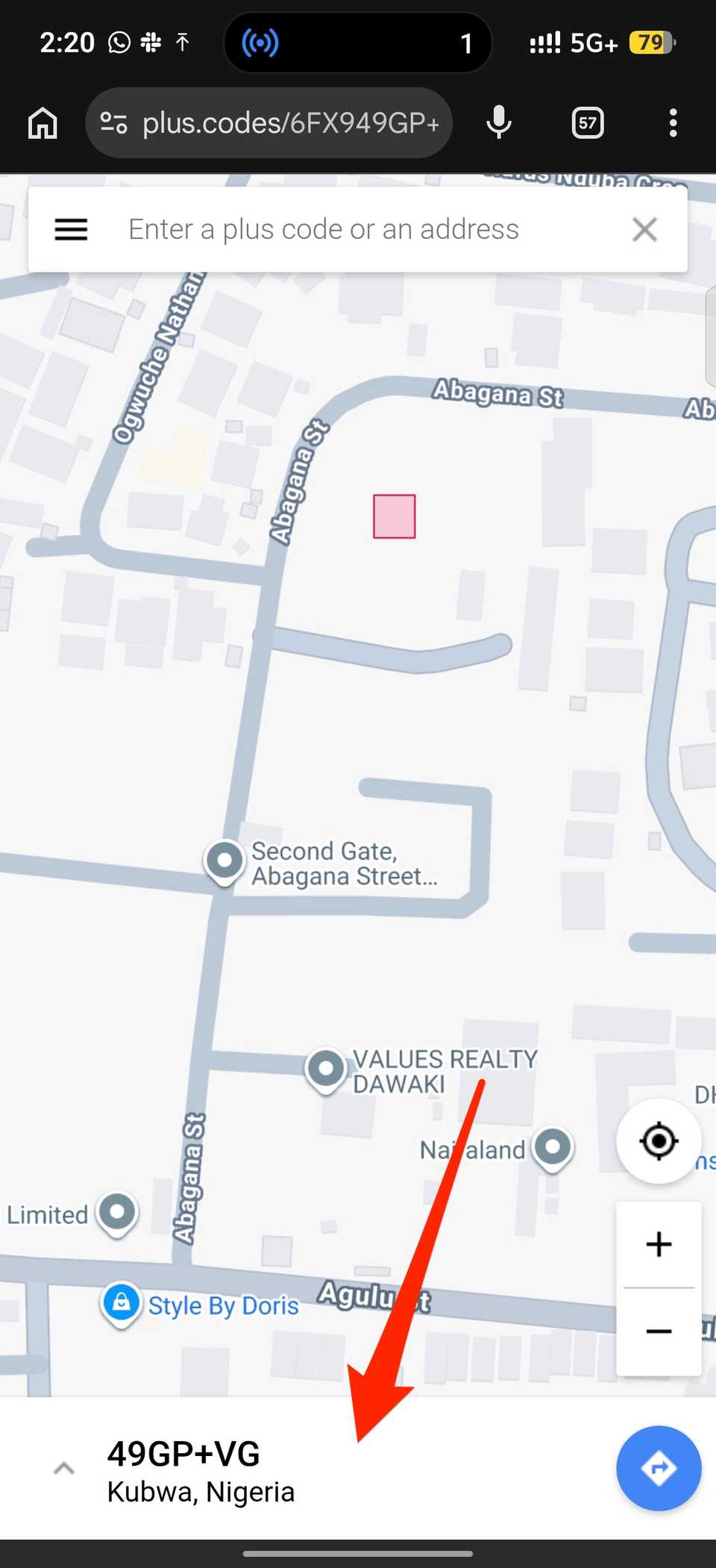 Red arrow pointing to plus code on web map accessed with mobile browser