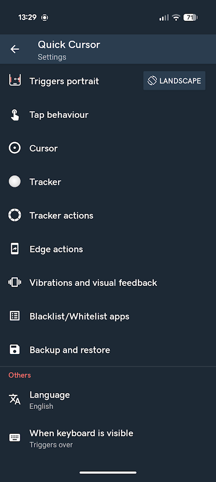 settings menu in quick cursor app