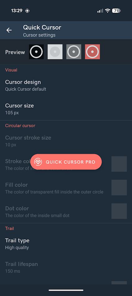 settings menu in quick cursor app