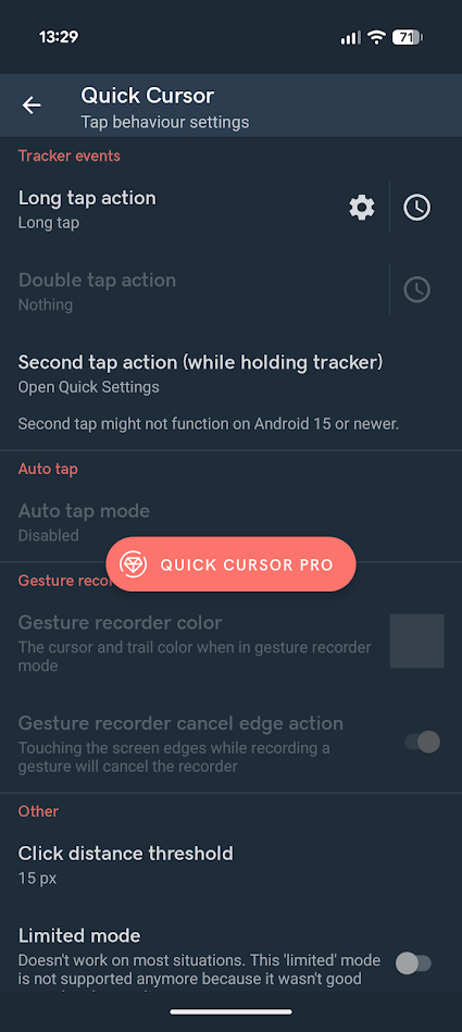 settings menu in quick cursor app