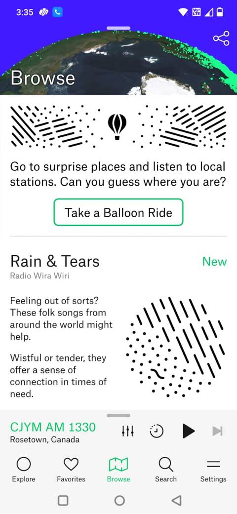 Screenshot showing the Browse tab in the Radio Garden app