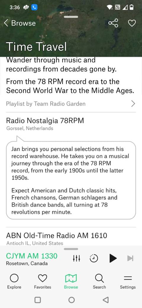Screenshot showing the Time Travel playlist in the Radio Garden app