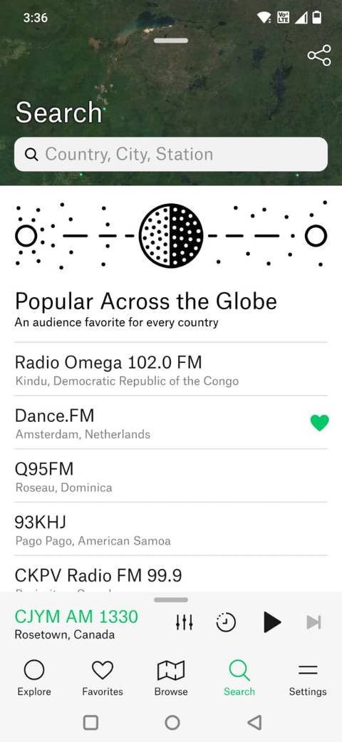 Screenshot showing the Search tab in the Radio Garden app