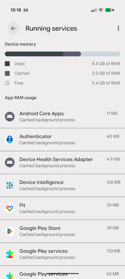 Menu des services fonctionnant sur Android