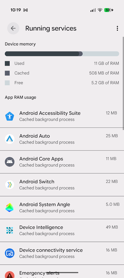 Menu des services fonctionnant sur Android