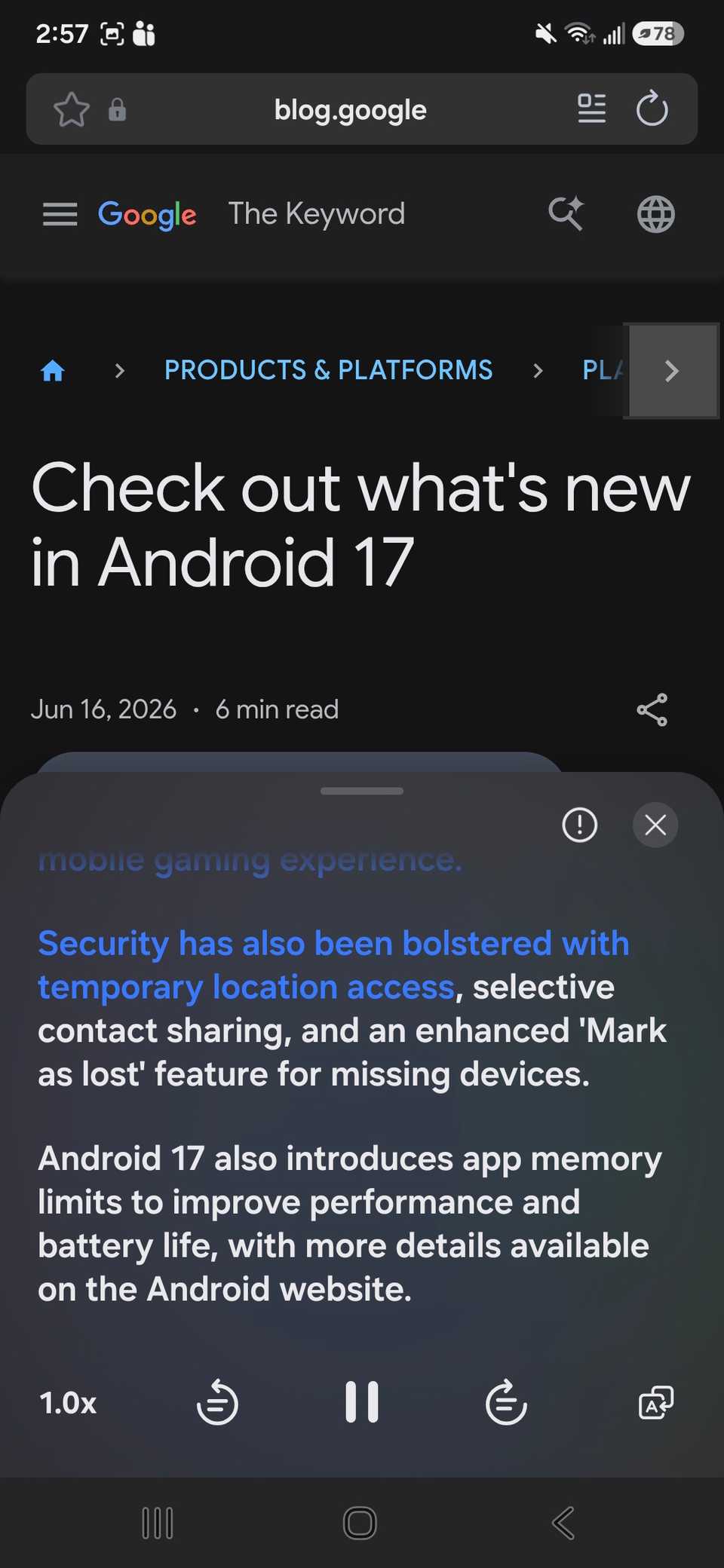 all the playback options for read highlights aloud in Samsung assist on a web page displayed in Samsung browser