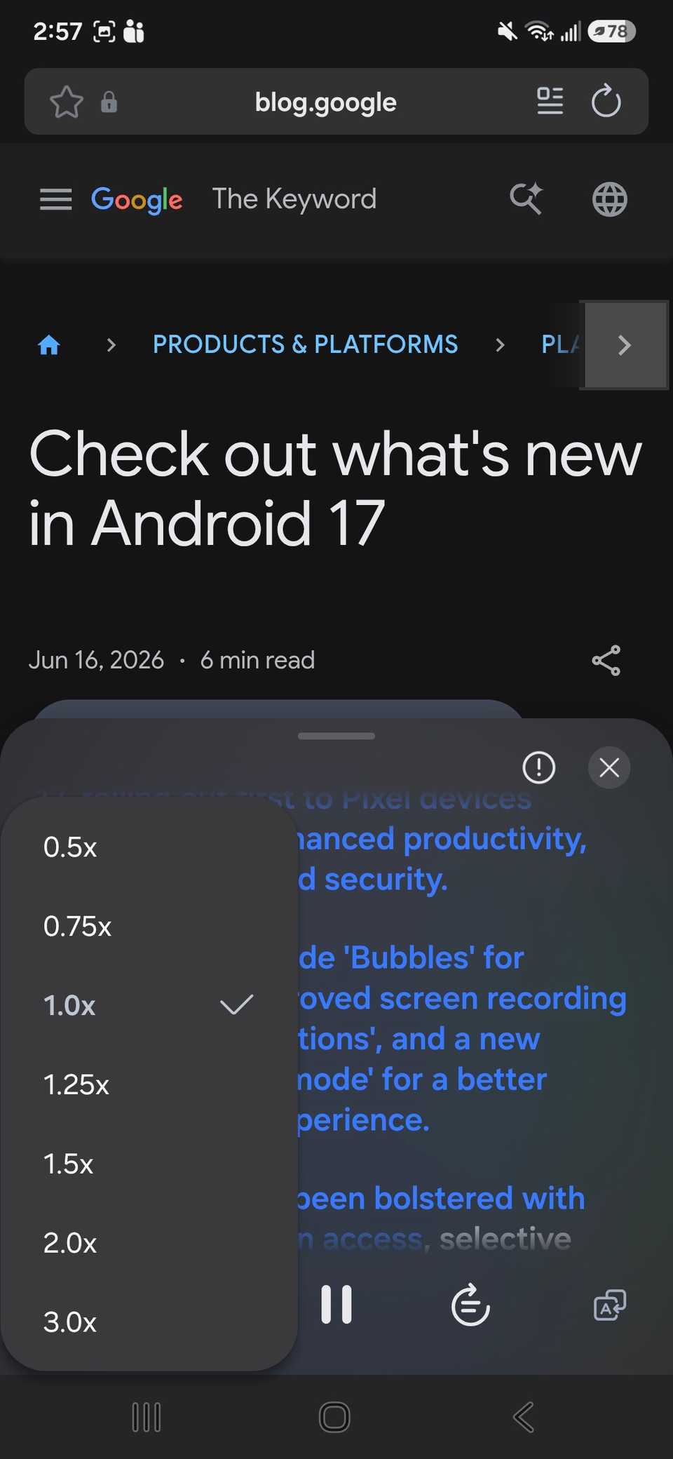 all the reading speeds with 1.0x checked in the playback options for read highlights aloud in Samsung assist on a web page displayed in Samsung browser