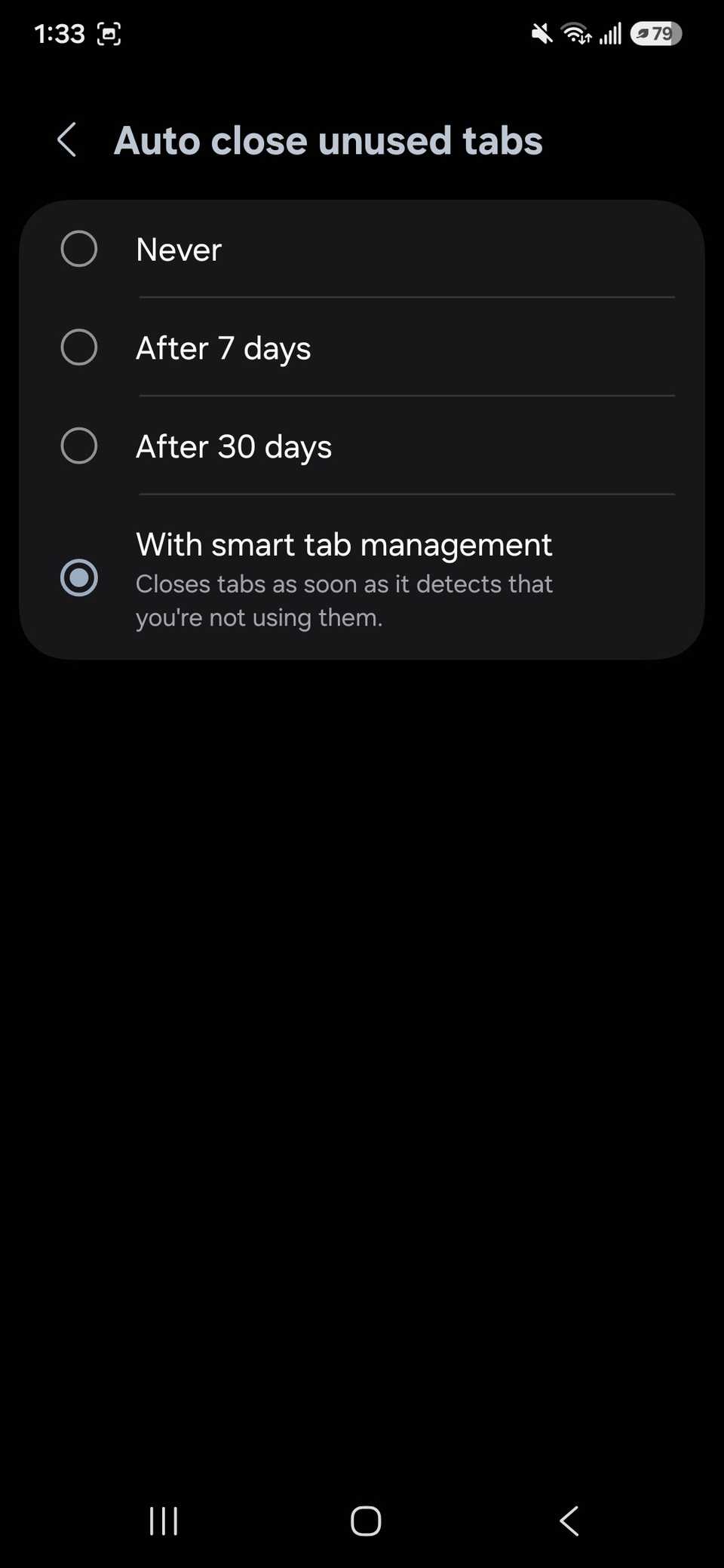 Options for closing unused tabs and radio button in Samsung Browser settings