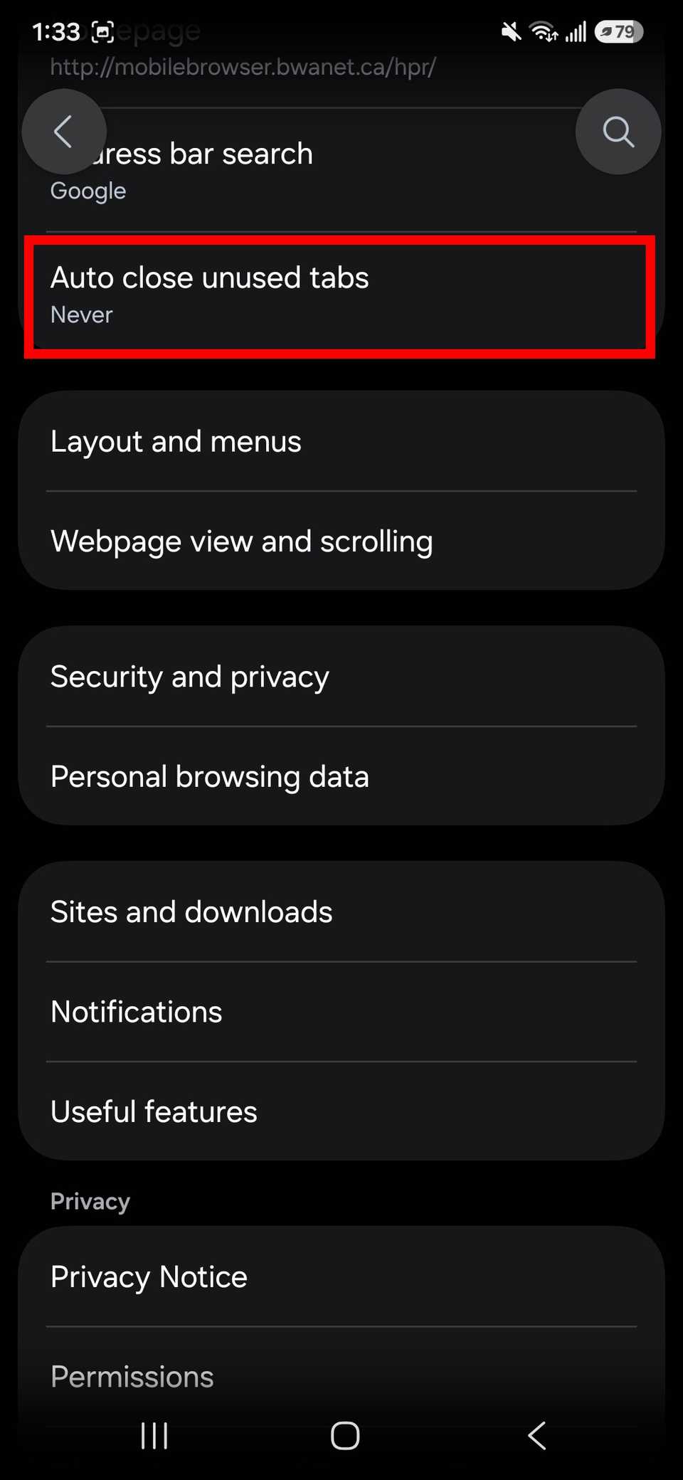Red rectangle outline over Auto close unused tabs in Samsung Browser settings