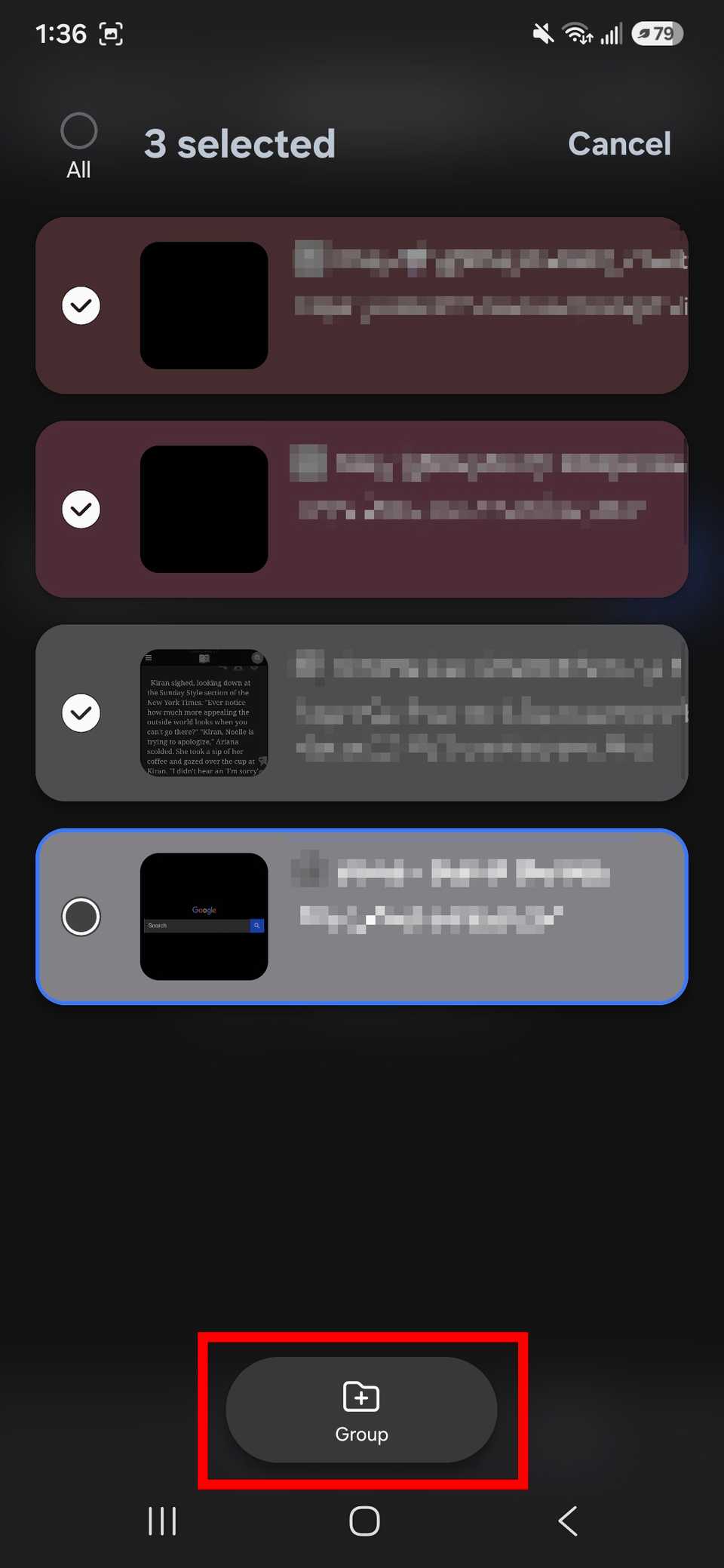 Red rectangle outline highlighting the Group button at the bottom of Samsung Browser