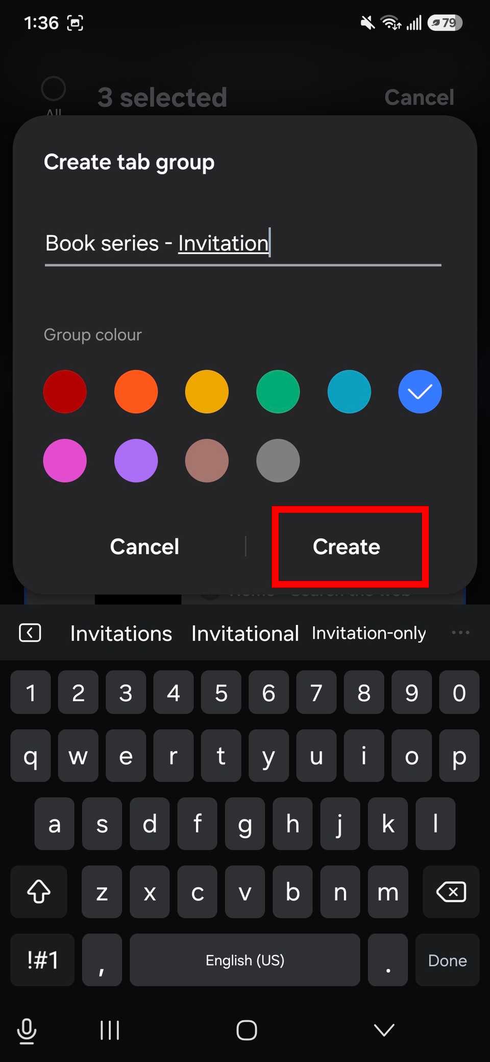 Red rectangle outline highlighting the Create option on the name and color tab group window