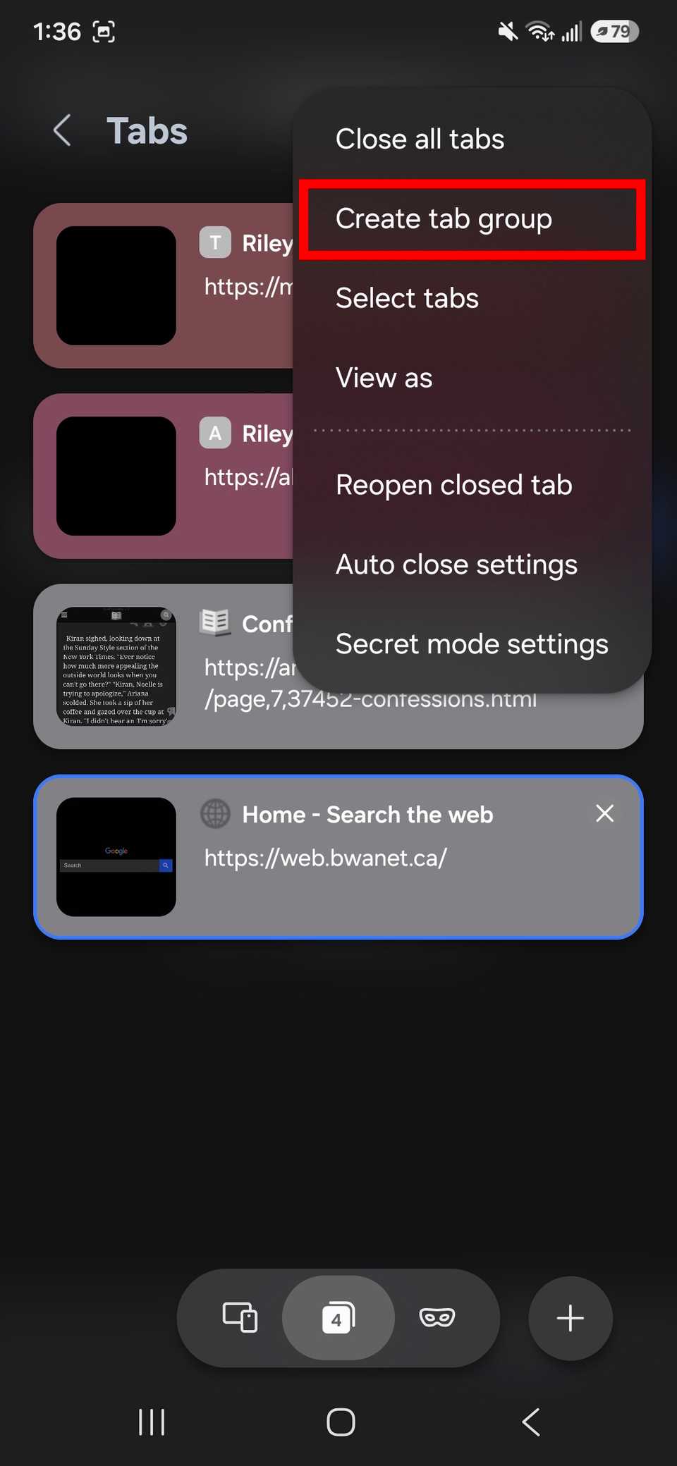 Red rectangle outline highlighting Create tab group in Samsung Browser