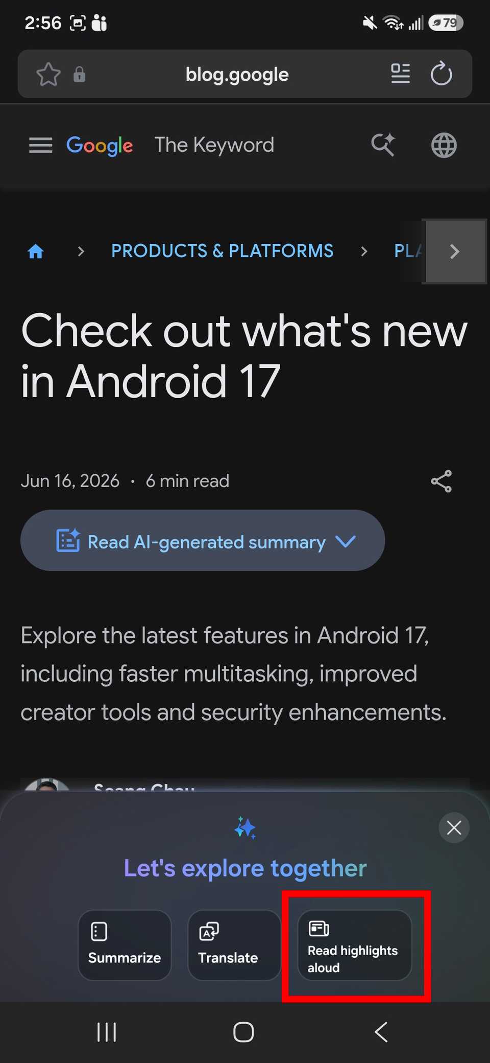 Red rectangle outline Read highlights aloud with Samsung assist in Samsung browser