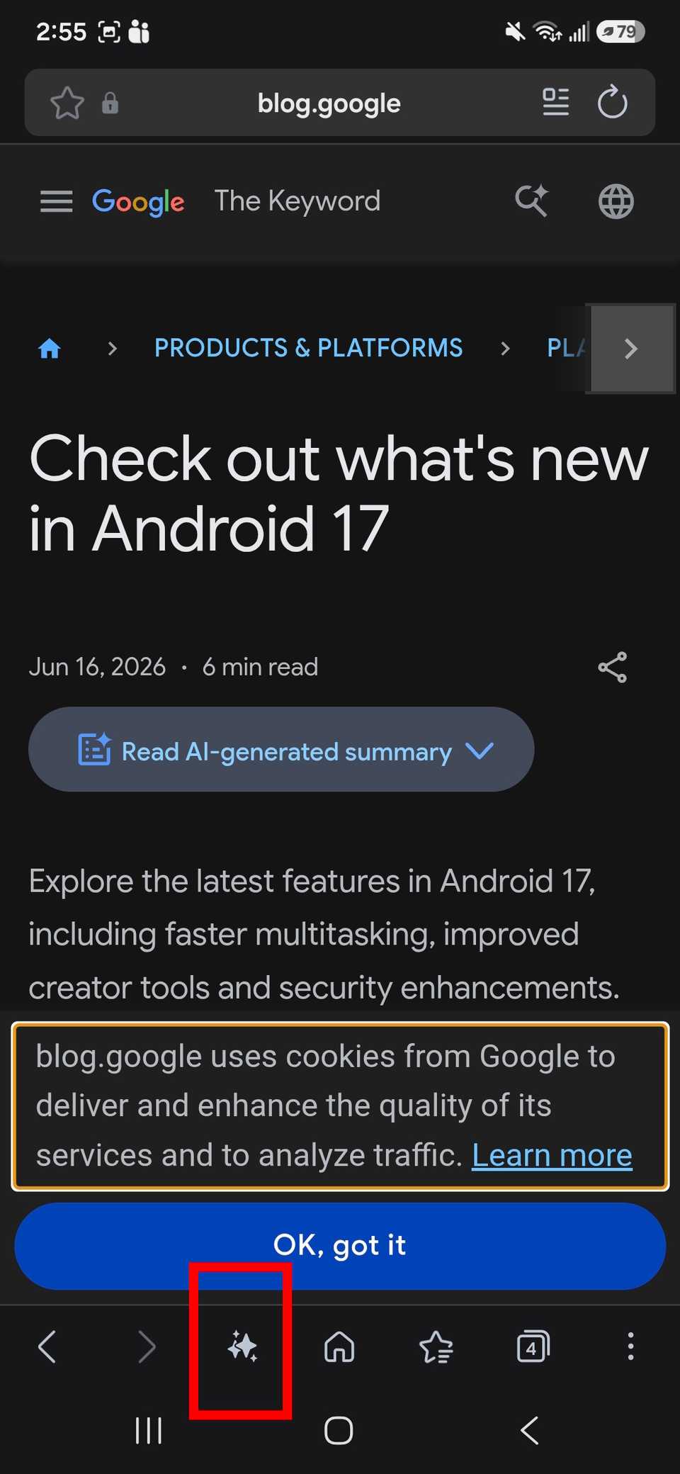 Red rectangle outline highlighting the Galaxy AI icon or double star icon at the bottom of Samsung Browser