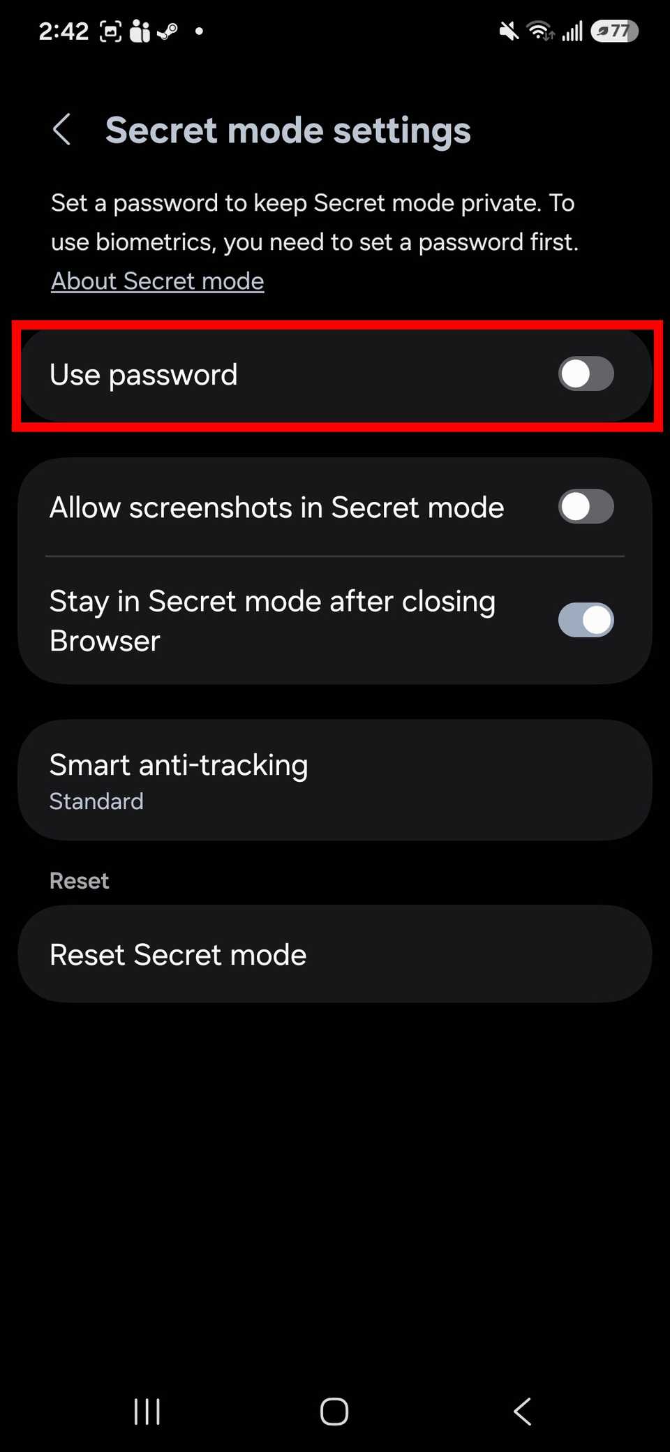 Red rectangle outline highlighting the Use password toggle for secret mode settings on Samsung Browser