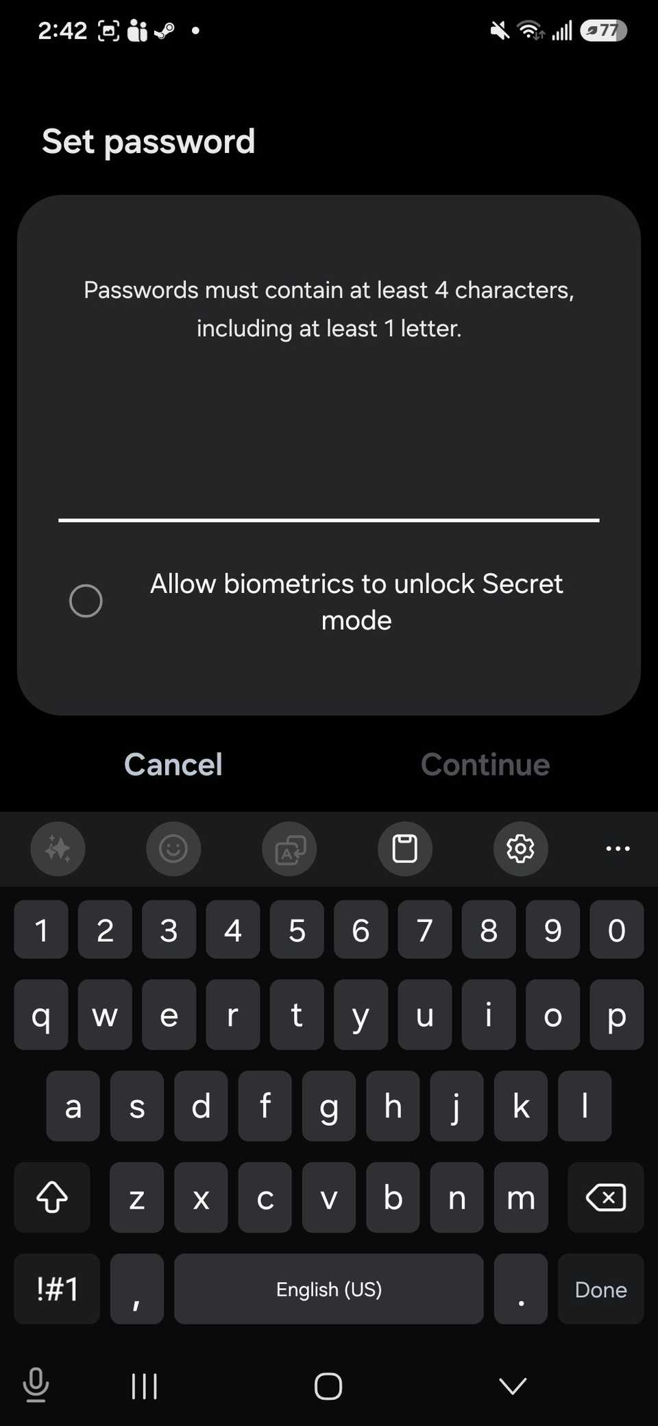 the Set password window showing the enter 4 characters and the empty Allow biometrics to unlock Secret mode in Samsung Browser