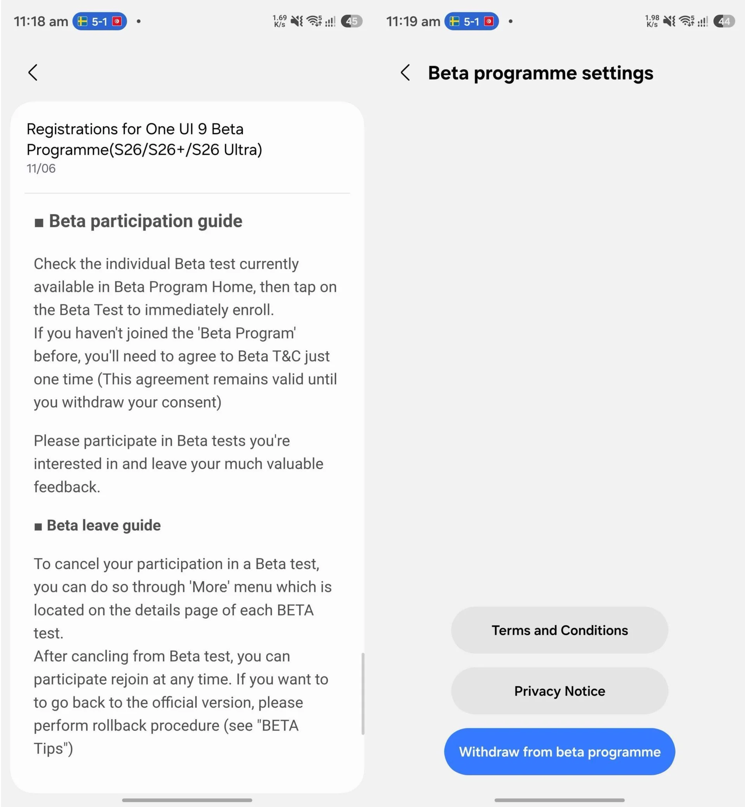 Capturas de tela destacando o novo procedimento do programa beta da Samsung.