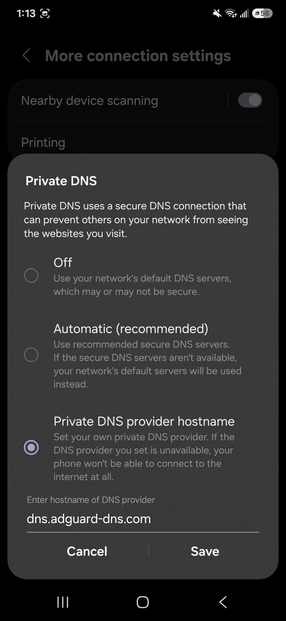 a list of radio buttons with options and a typable field with cancel and save for adding a Private DNS on a Samsung phone