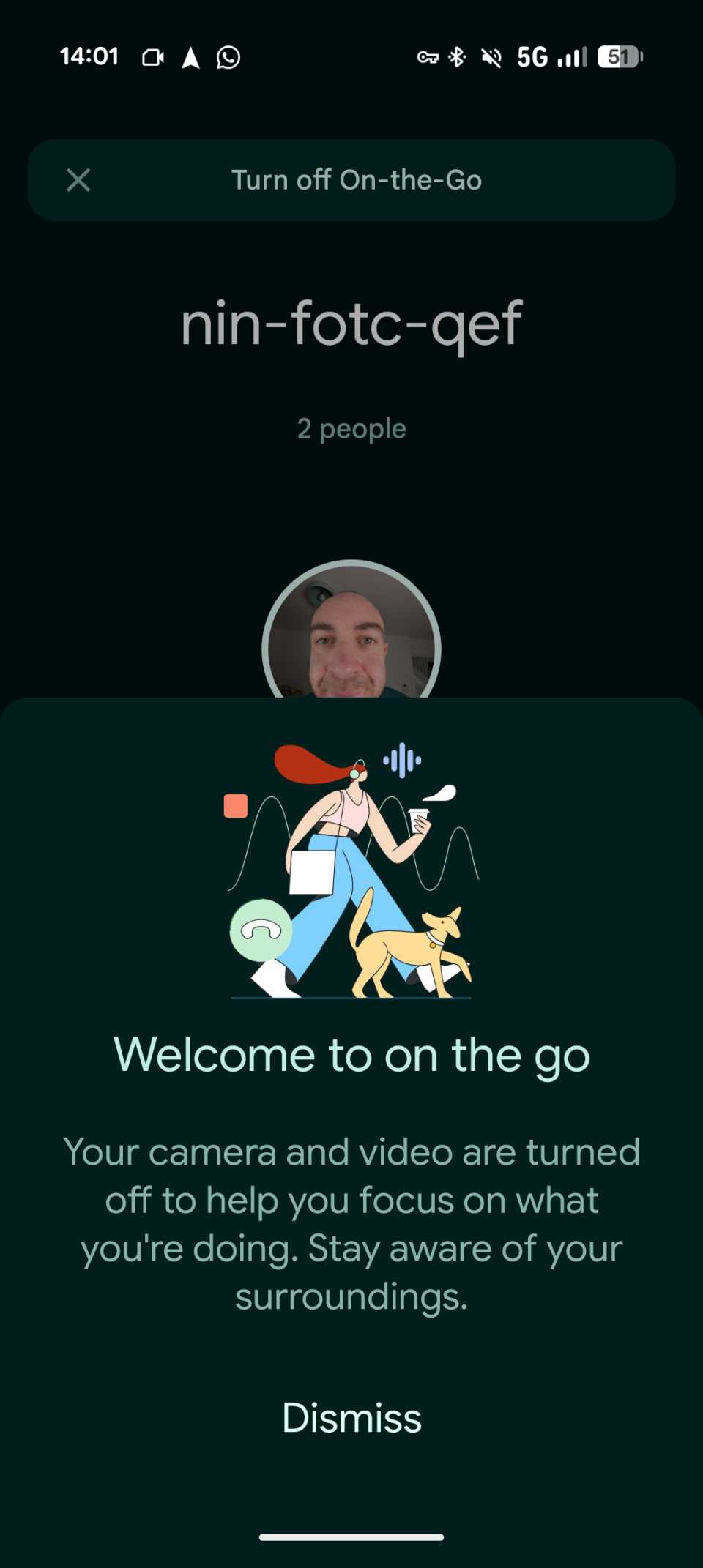 A warning about On the Go mode in Meet in Android Auto.