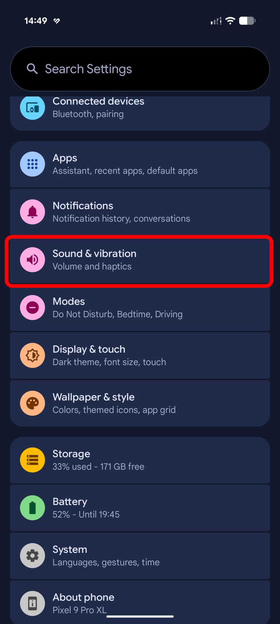 Settings on a Google Pixel smartphone with Sound and vibration highlighted