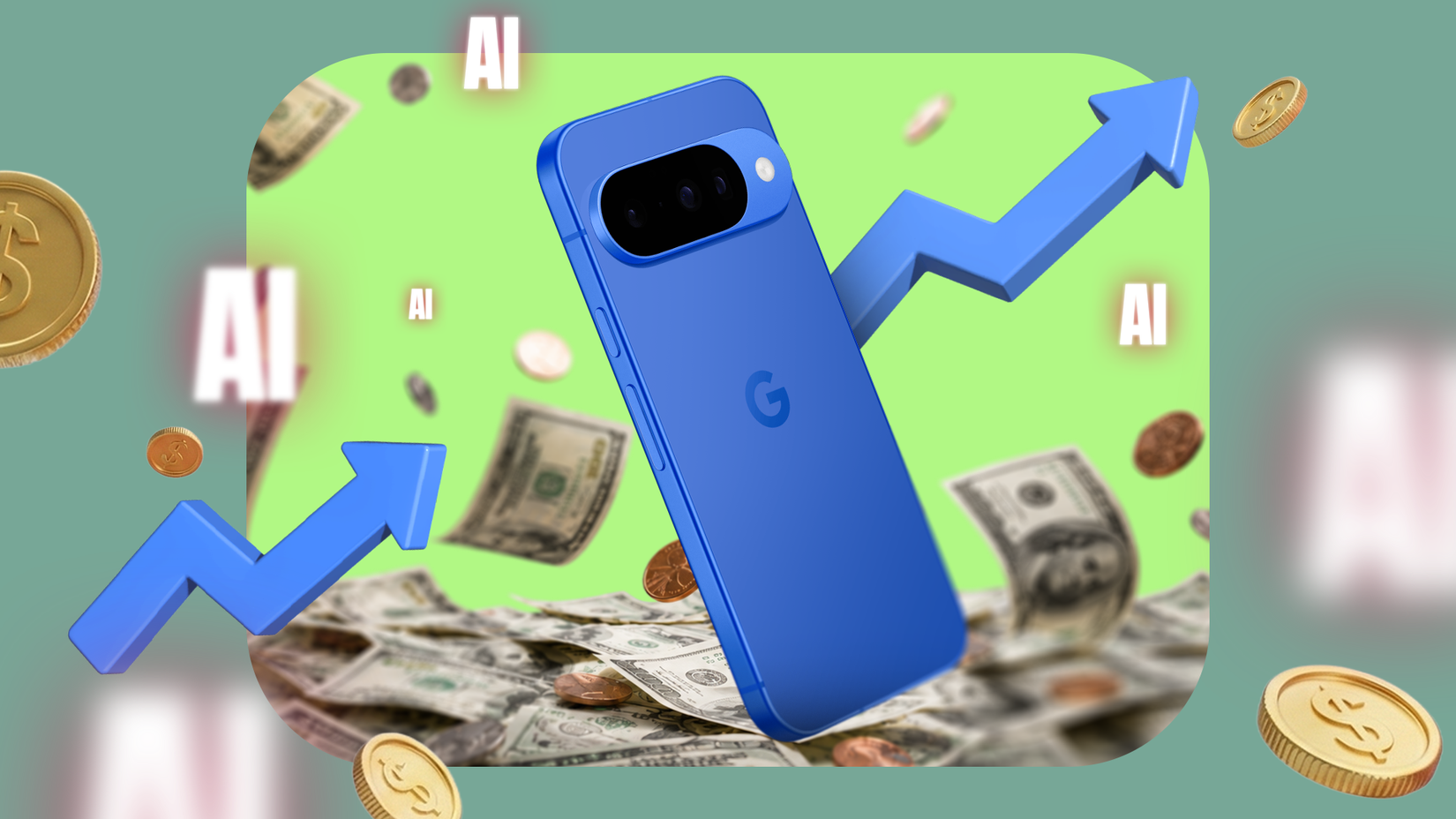 Smartphone floating above cash and coins, with AI labels and rising arrows in the background