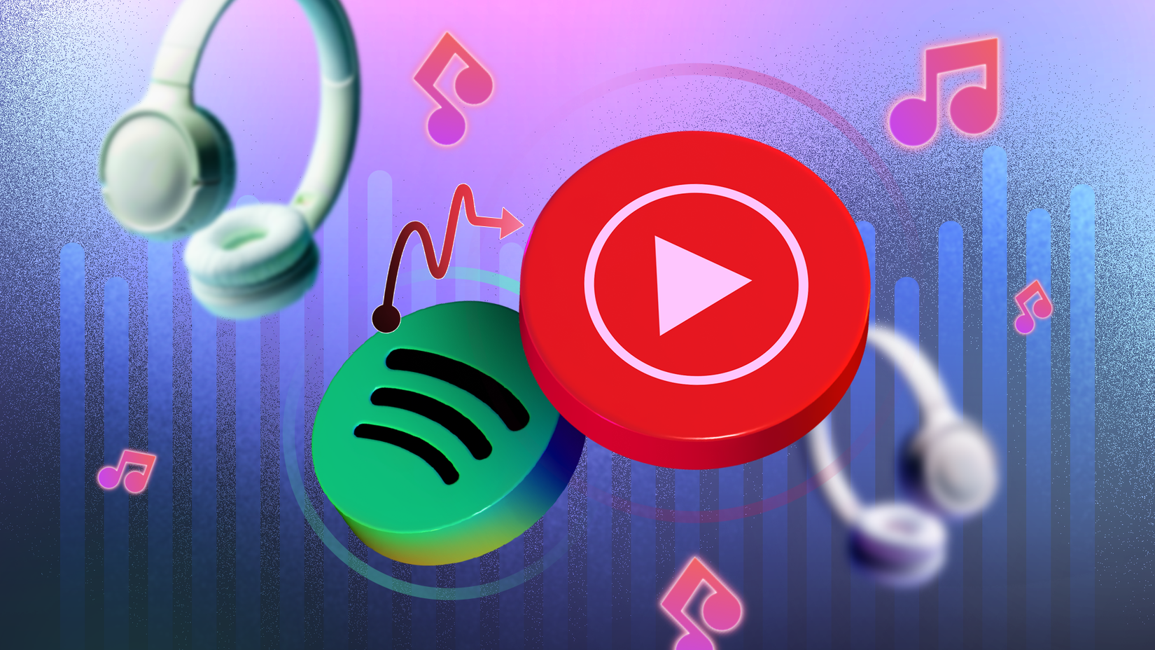 Ícones flutuantes do Spotify e do YouTube Music com música e fones de ouvido