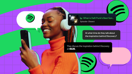 Woman listening to Spotify on headphones while asking questions about a podcast episode.