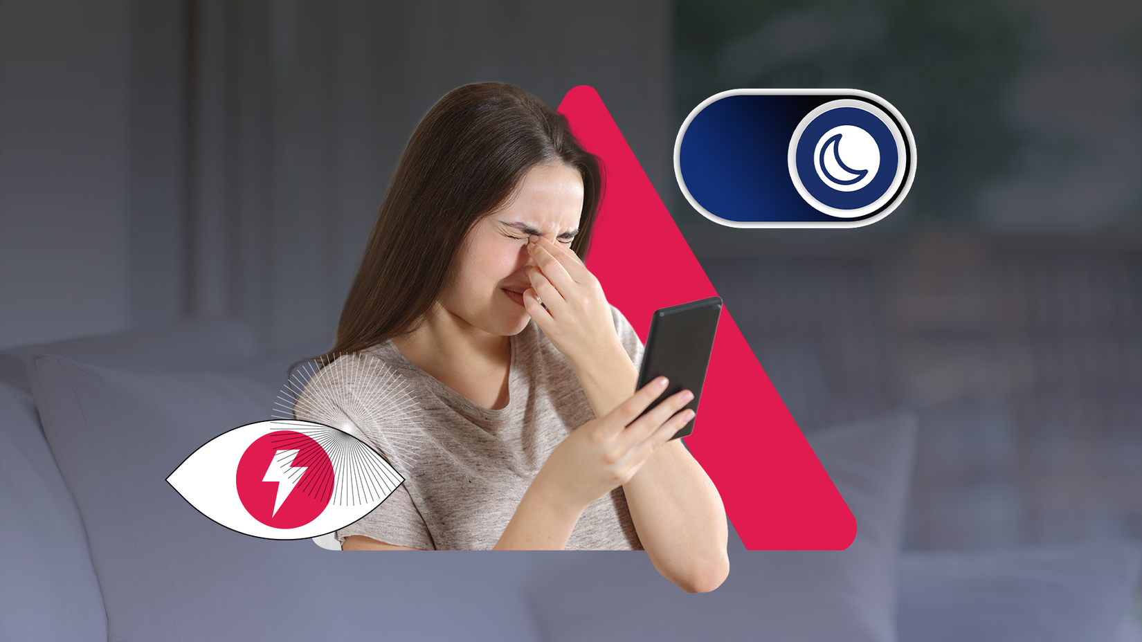 Woman rubbing her eyes while looking at a smartphone, surrounded by dark mode and eye strain icons.