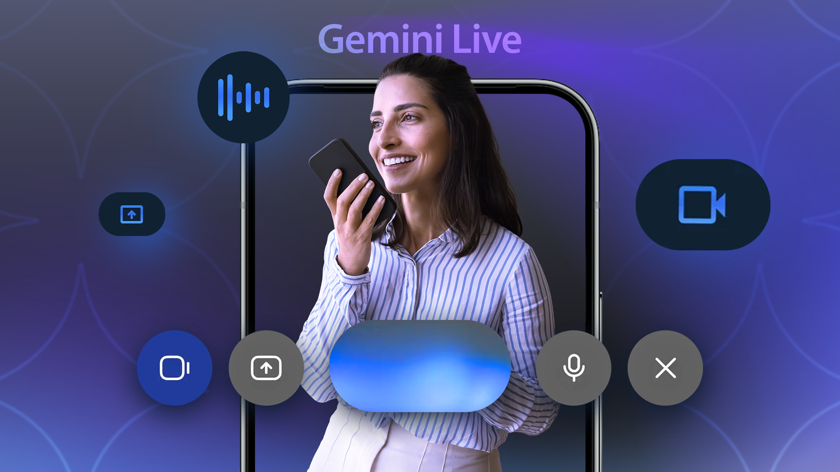 Woman using Gemini Live on a smartphone, surrounded by voice assistant controls and a large phone frame.