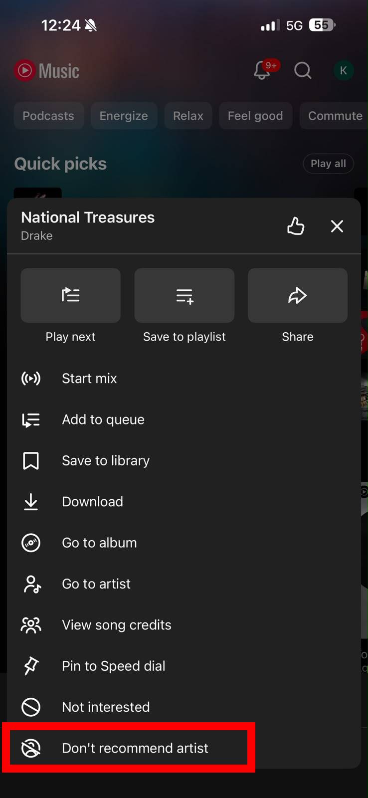 Uma captura de tela destacando o novo botão Não recomendar artista do YouTube Music.