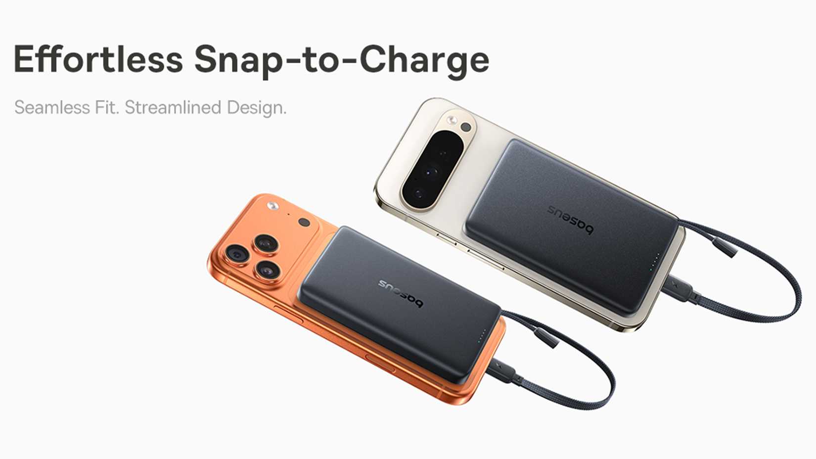 An orange smarphone and white smartphone with magnetic charging banks with USB cords attached