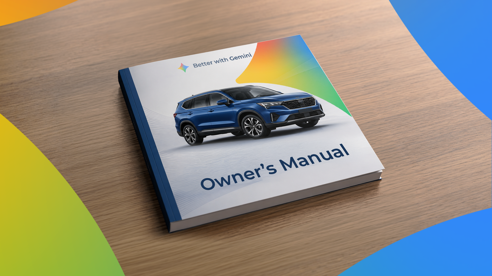 A car owner’s manual with a blue SUV and Gemini branding on a wooden table.