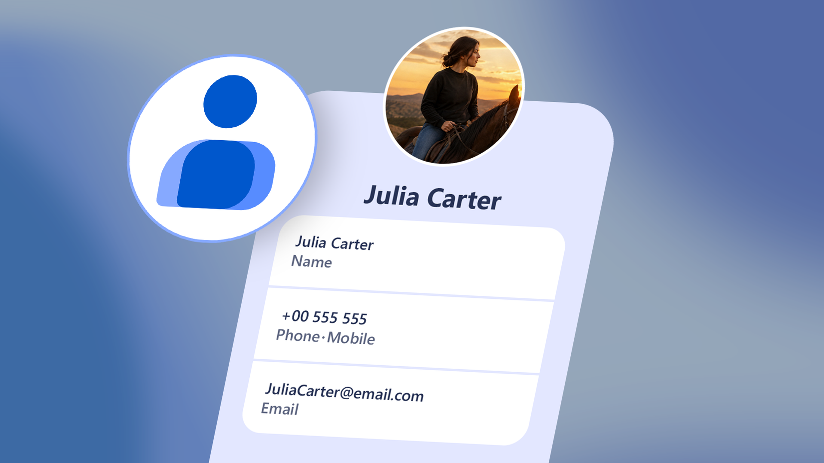 A Google Contacts card shows a profile photo, phone number, and email address.