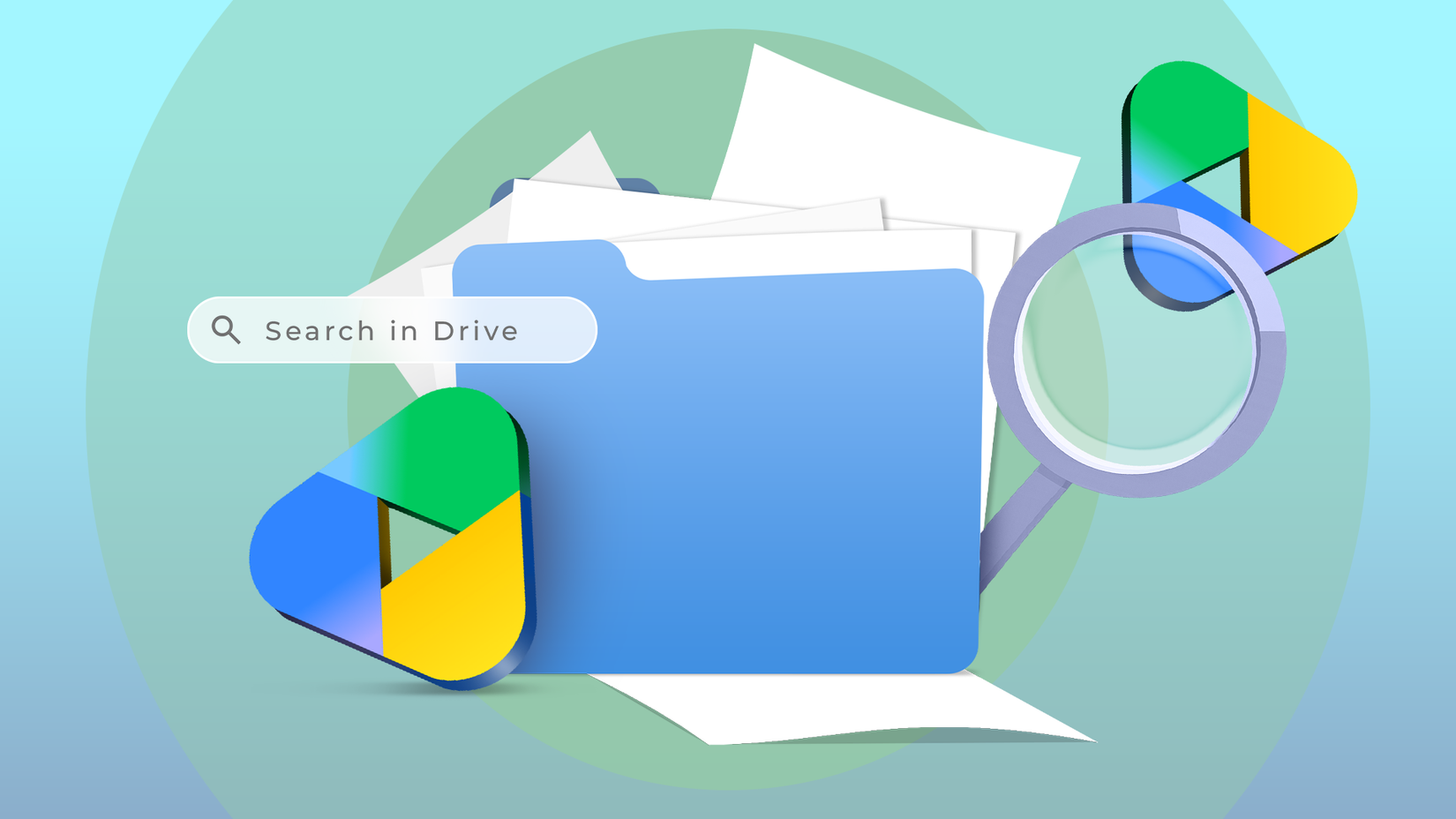 Una cartella di Google Drive con dei file, una barra di ricerca e una lente d’ingrandimento.