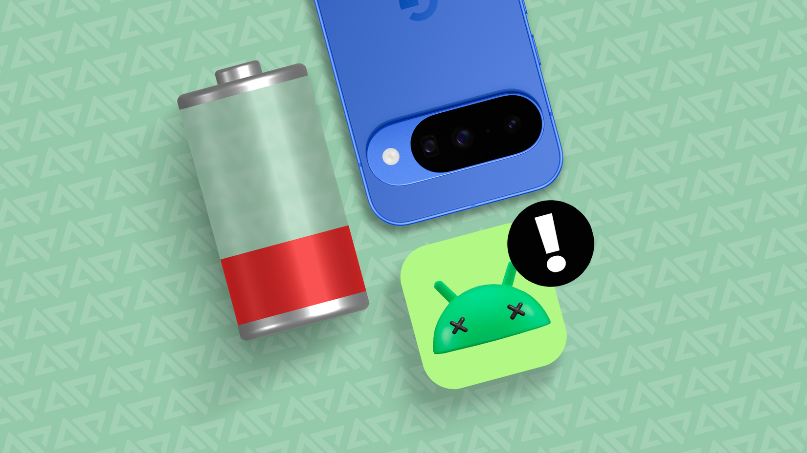 A Google Pixel phone appears beside a low battery and an Android system error icon.