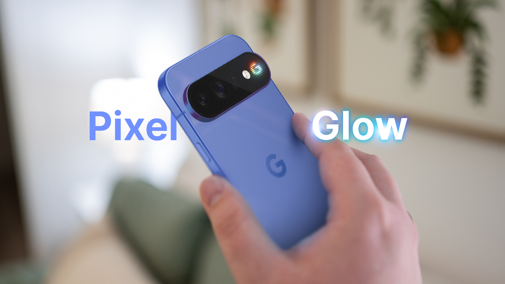A hand holding a blue Pixel phone with a small multicolor light beside the camera and the words 'Pixel Glow'.