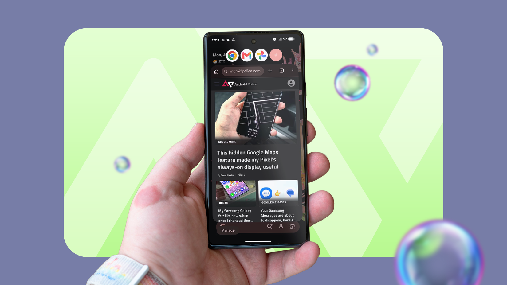 Una mano che tiene un telefono Pixel con Android 17 con le bolle dell'app aperte.