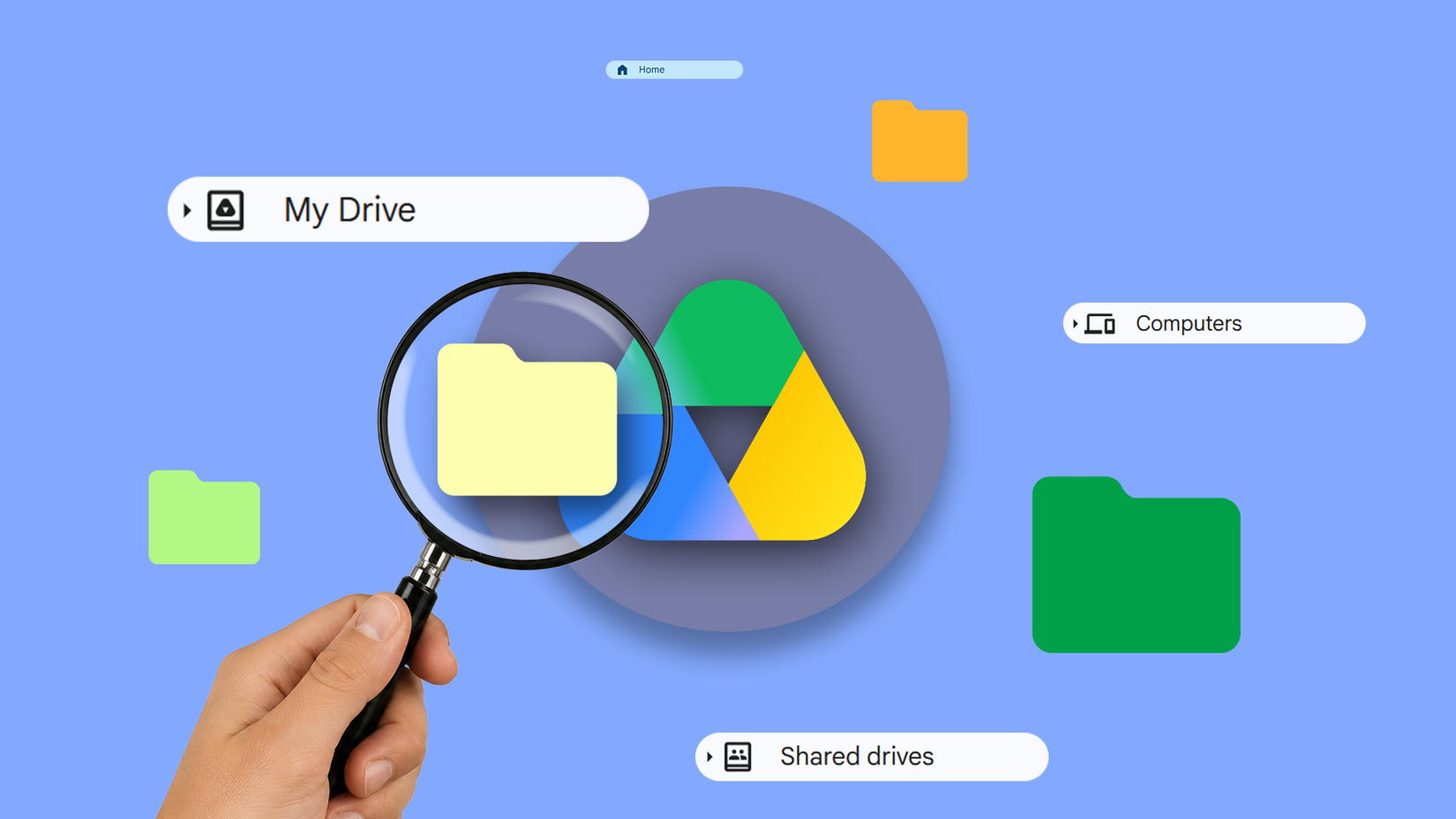 Una lente di ingrandimento che evidenzia una cartella sopra il logo di Google Drive