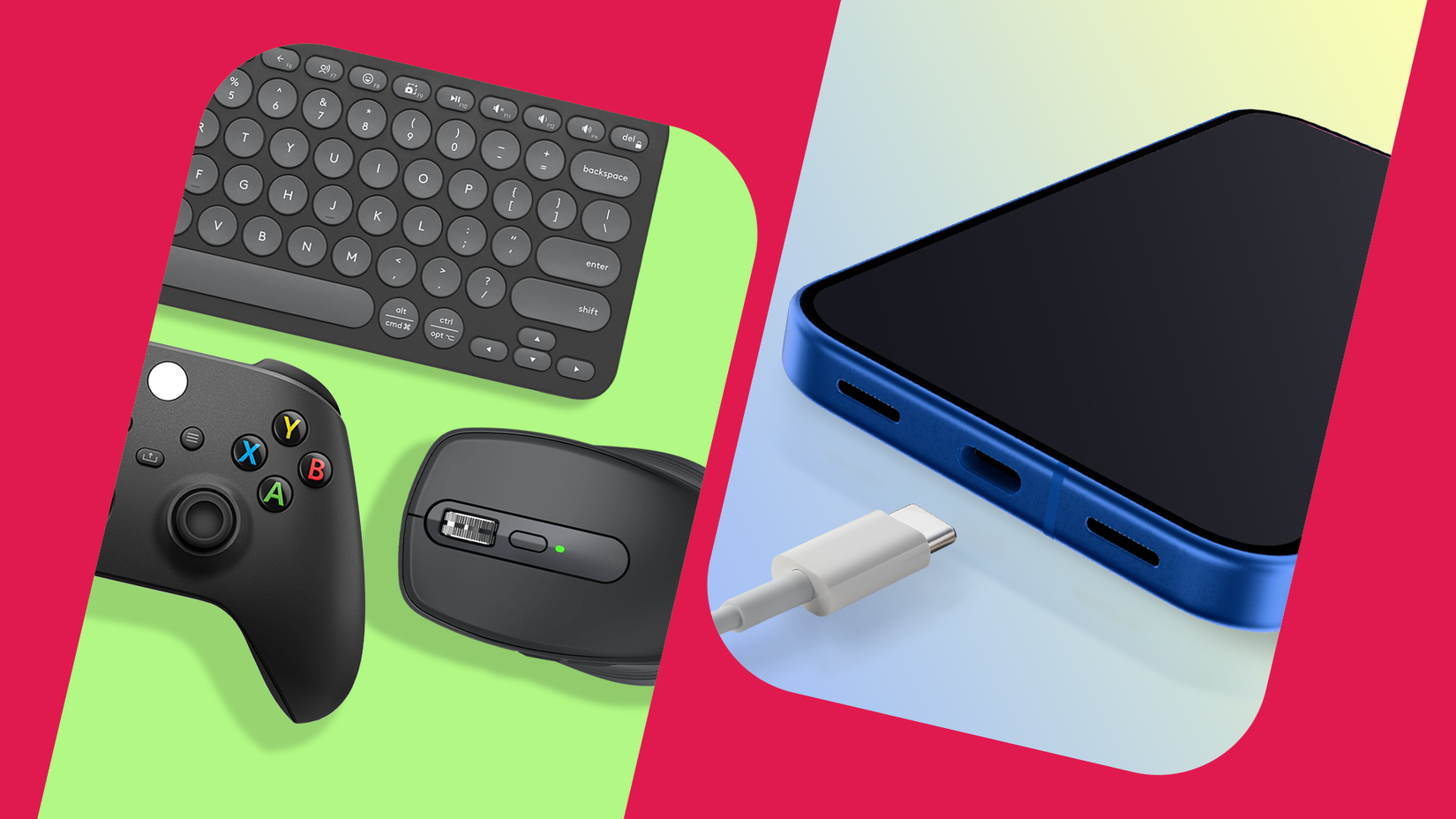 A phone’s USB-C port shown next to a keyboard, mouse, and game controller